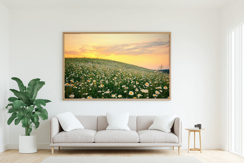 Wildflower Hillside Sunset Meadow Wall Art Canvas, Hazy Tidal Artwork Poster Print, Modern Coastal Living Room Art, Birthday Gift for Her — wildflower-hillside-sunset-meadow-living-room-wall-art.jpg