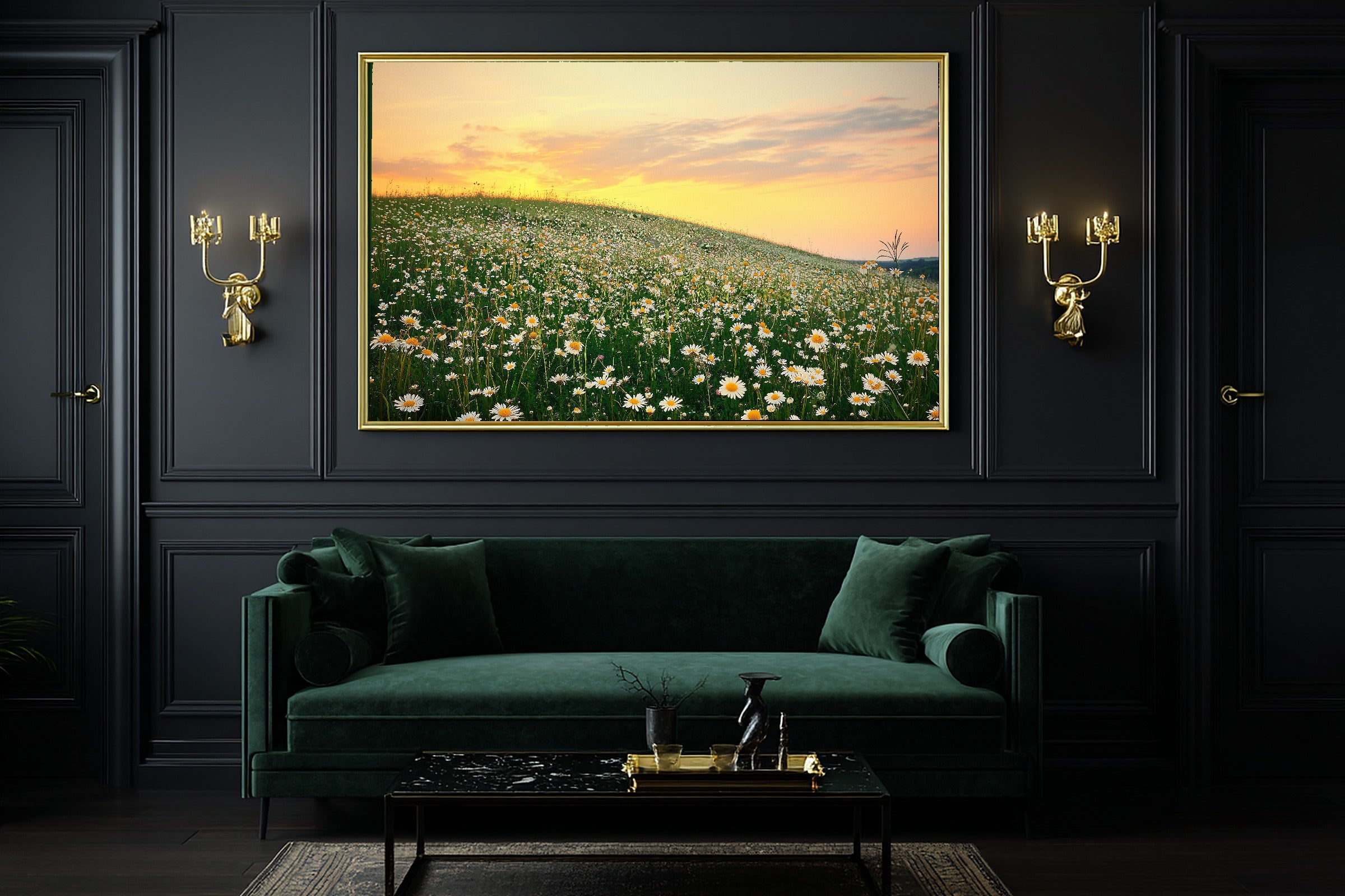 Wildflower Hillside Sunset Meadow Wall Art Canvas, Hazy Tidal Artwork Poster Print, Modern Coastal Living Room Art, Birthday Gift for Her — wildflower-hillside-sunset-meadow-office-wall-art.jpg