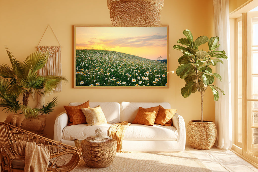 Wildflower Hillside Sunset Meadow Wall Art Canvas, Hazy Tidal Artwork Poster Print, Modern Coastal Living Room Art, Birthday Gift for Her — wildflower-hillside-sunset-meadow-room-5-wall-art.jpg