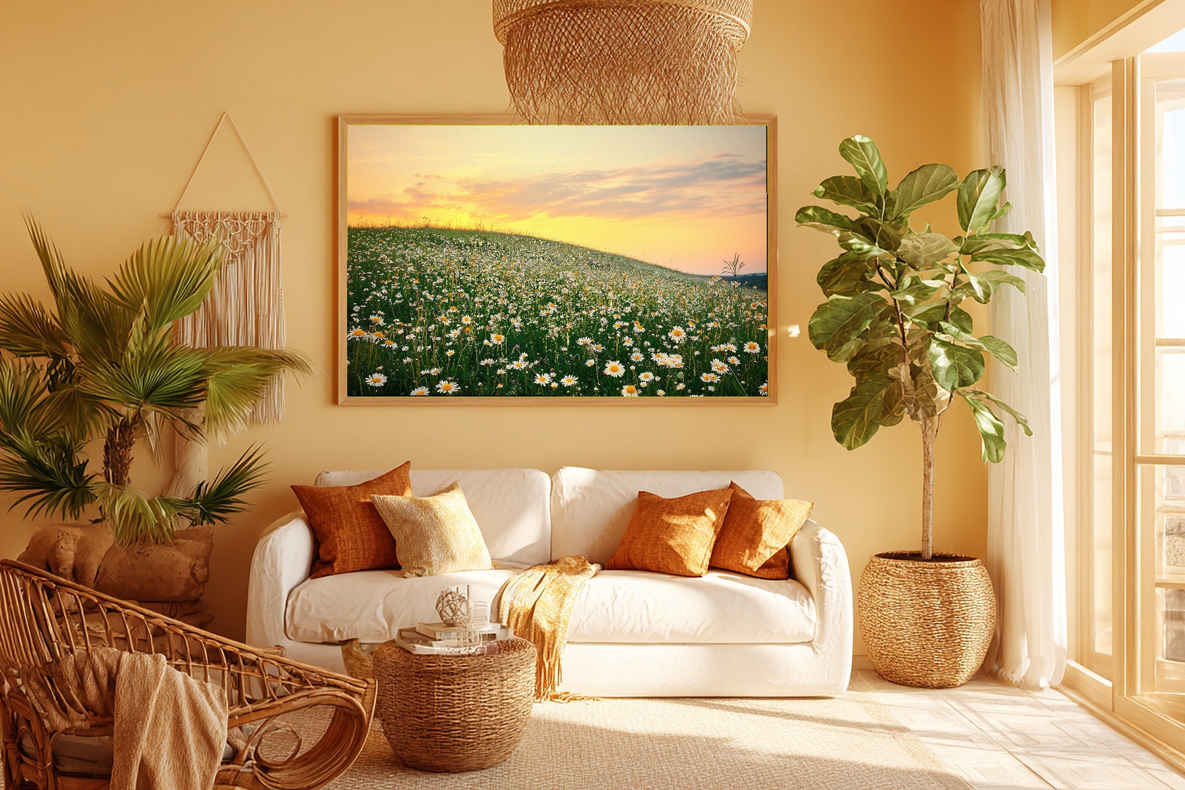 Wildflower Hillside Sunset Meadow Wall Art Canvas, Hazy Tidal Artwork Poster Print, Modern Coastal Living Room Art, Birthday Gift for Her — wildflower-hillside-sunset-meadow-room-5-wall-art.jpg