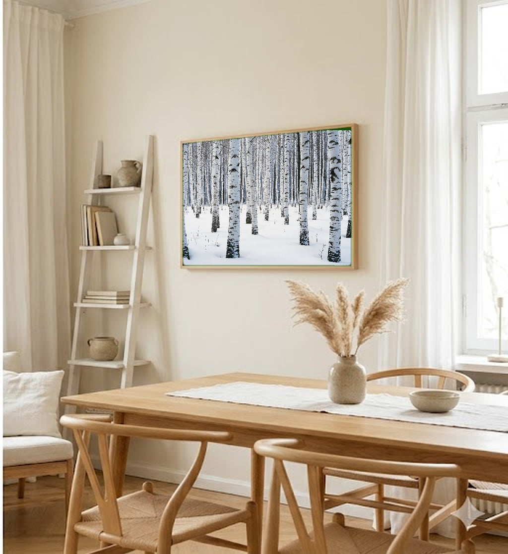 Winter Birch Forest Canvas Wall Art | Snow Scene Print, Scandinavian Decor, Seasonal Art, Stretched Canvas — winter-birch-forest-dining-room-wall-art.jpg