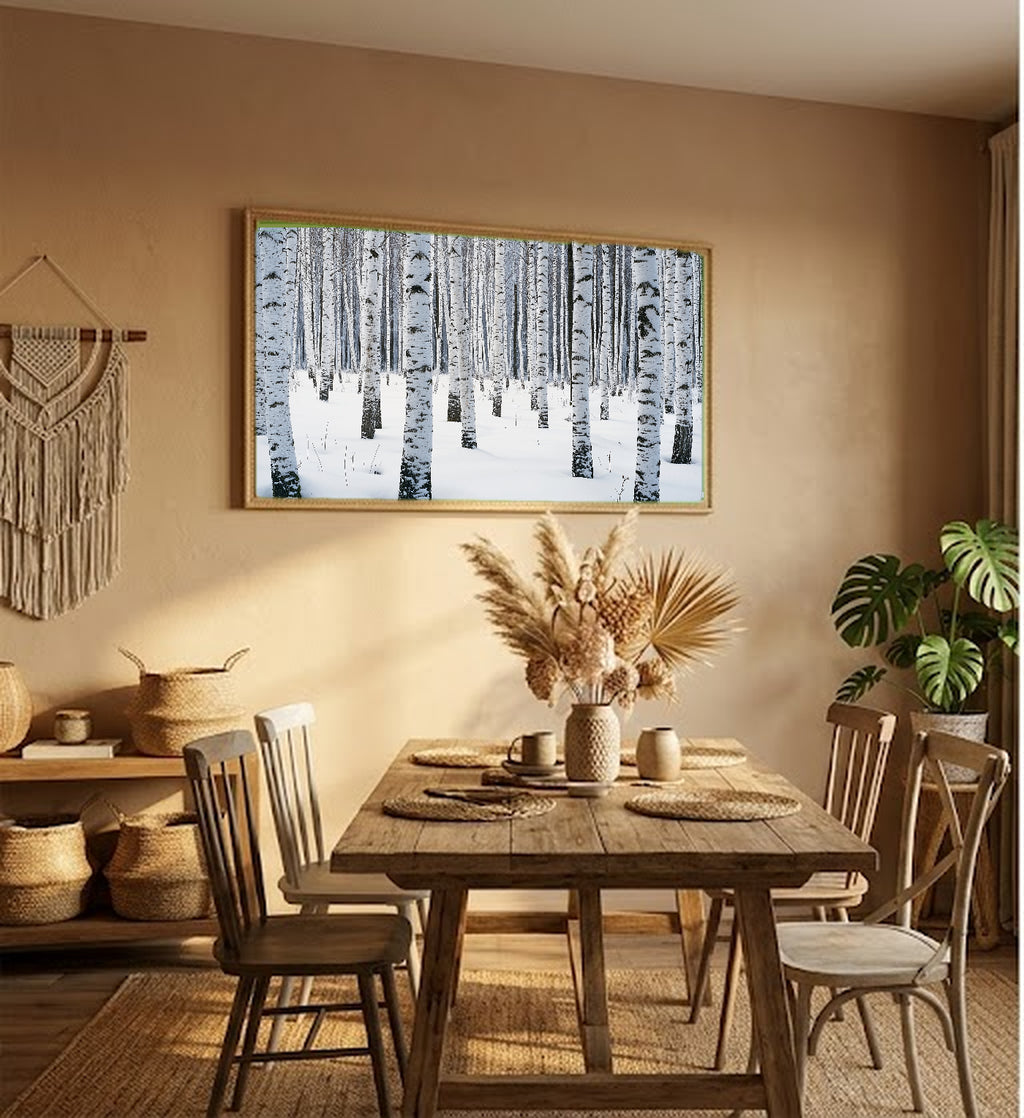Winter Birch Forest Canvas Wall Art | Snow Scene Print, Scandinavian Decor, Seasonal Art, Stretched Canvas — winter-birch-forest-hallway-wall-art.jpg