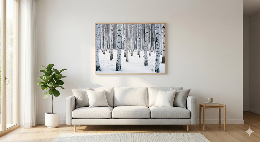Winter Birch Forest Canvas Wall Art | Snow Scene Print, Scandinavian Decor, Seasonal Art, Stretched Canvas — winter-birch-forest-living-room-wall-art.jpg