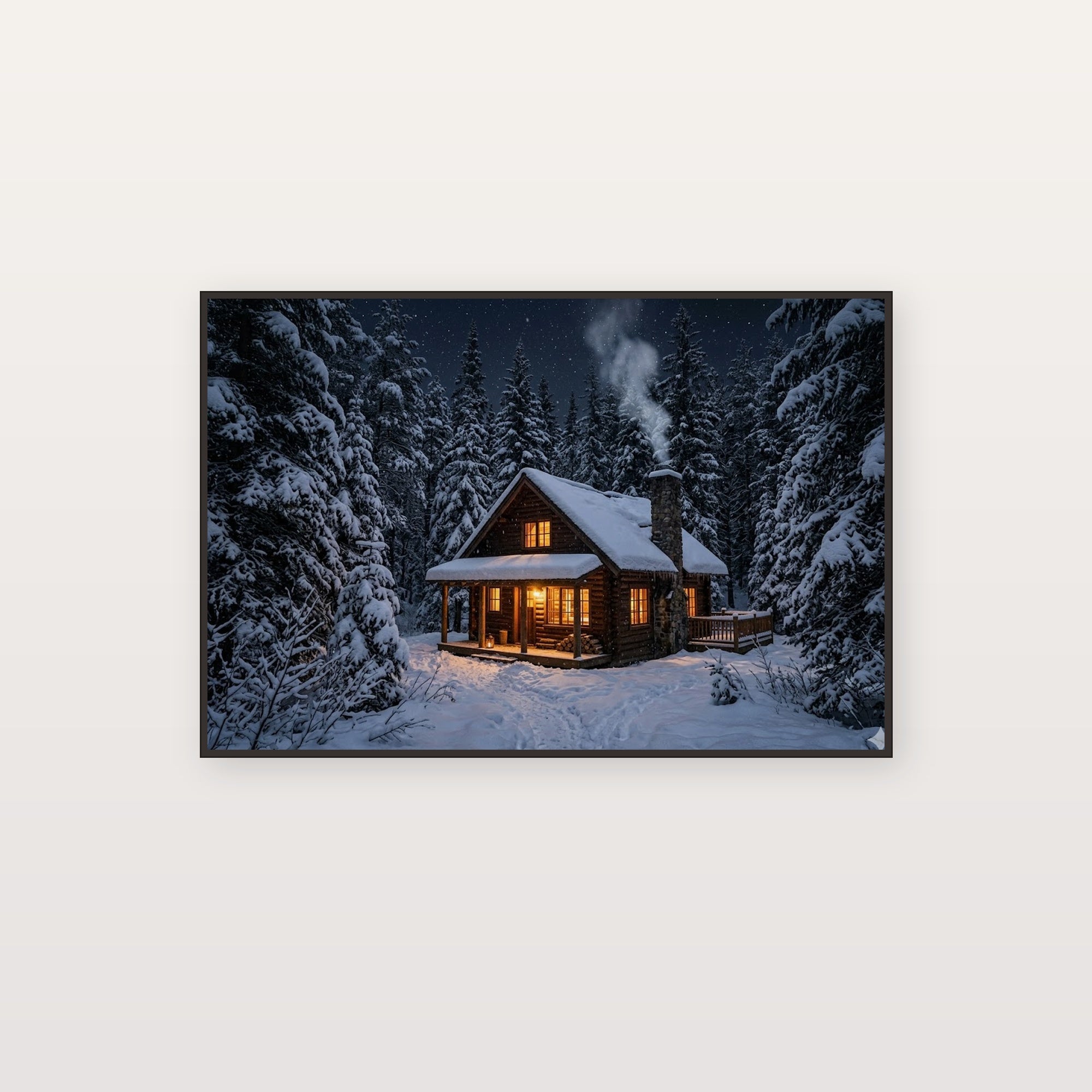 Winter Cabin Canvas Wall Art - Snowy Forest Print, Cozy Christmas Decor, Holiday Art, Stretched Canvas — winter cabin snow canvas print