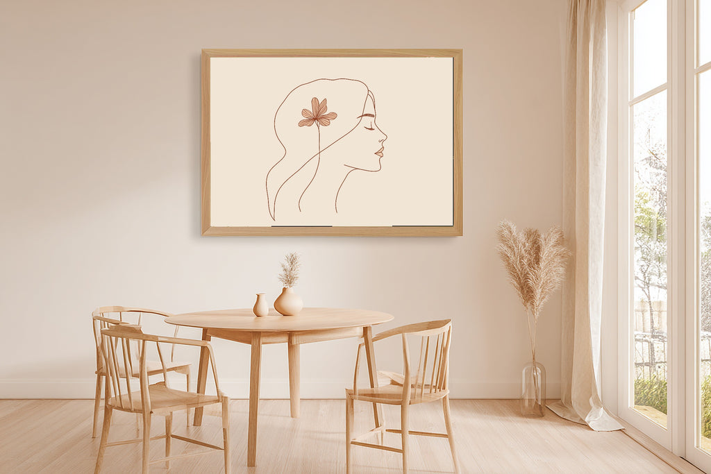 Woman Abstract Line Face Gilded Painterly Wall Art — Cozy Print for the Home Office, Stretched Canvas Gift for the Modern-Home Friend — woman-abstract-line-face-dining-room-wall-art.jpg