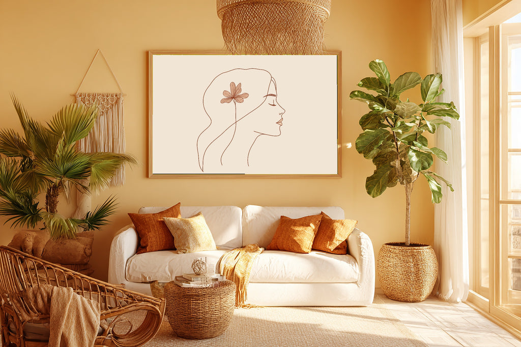 Woman Abstract Line Face Gilded Painterly Wall Art — Cozy Print for the Home Office, Stretched Canvas Gift for the Modern-Home Friend — woman-abstract-line-face-room-5-wall-art.jpg