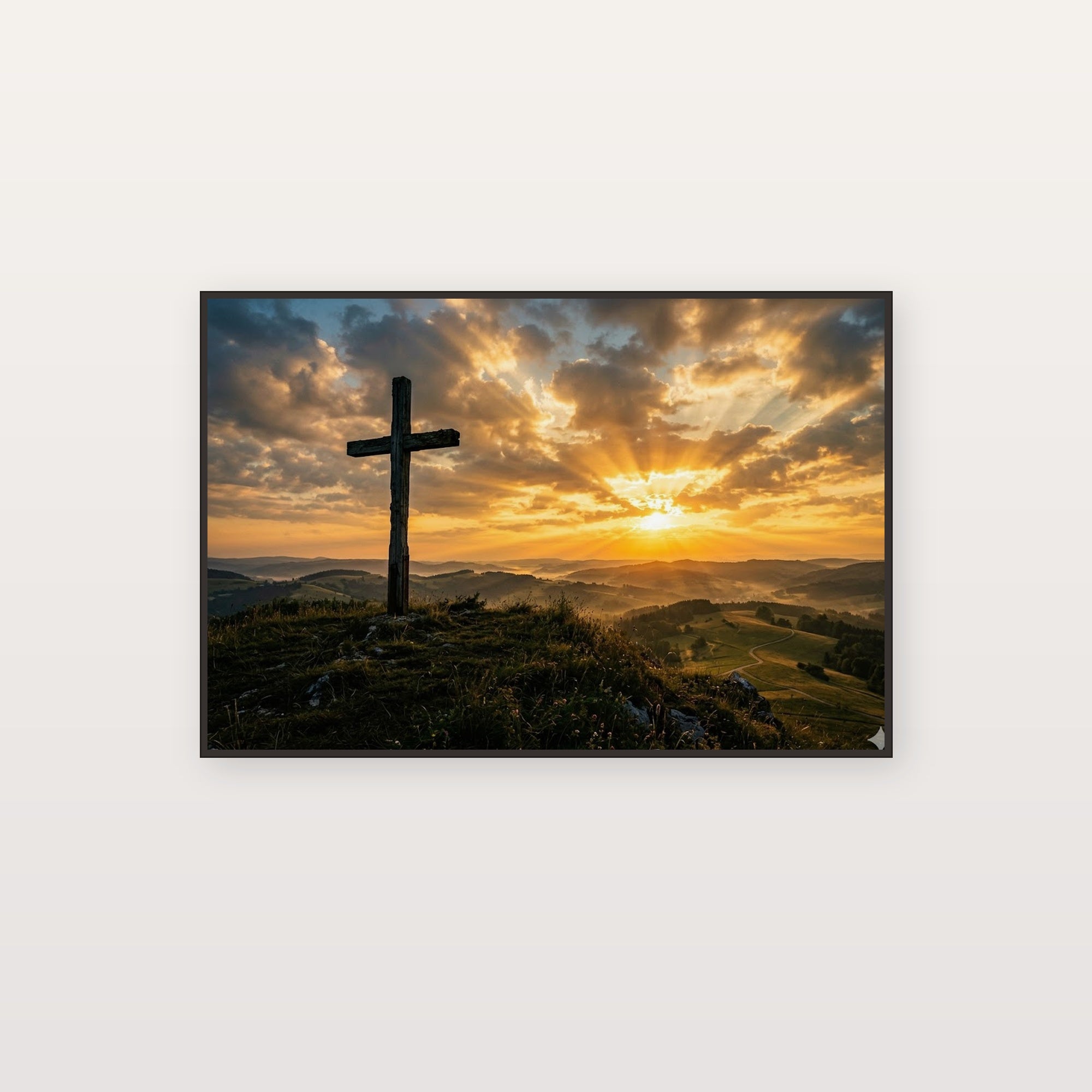Wooden Cross Canvas Wall Art - Sunrise Faith Print, Christian Inspiration, Spiritual Decor, Stretched Canvas — wooden cross sunrise canvas print
