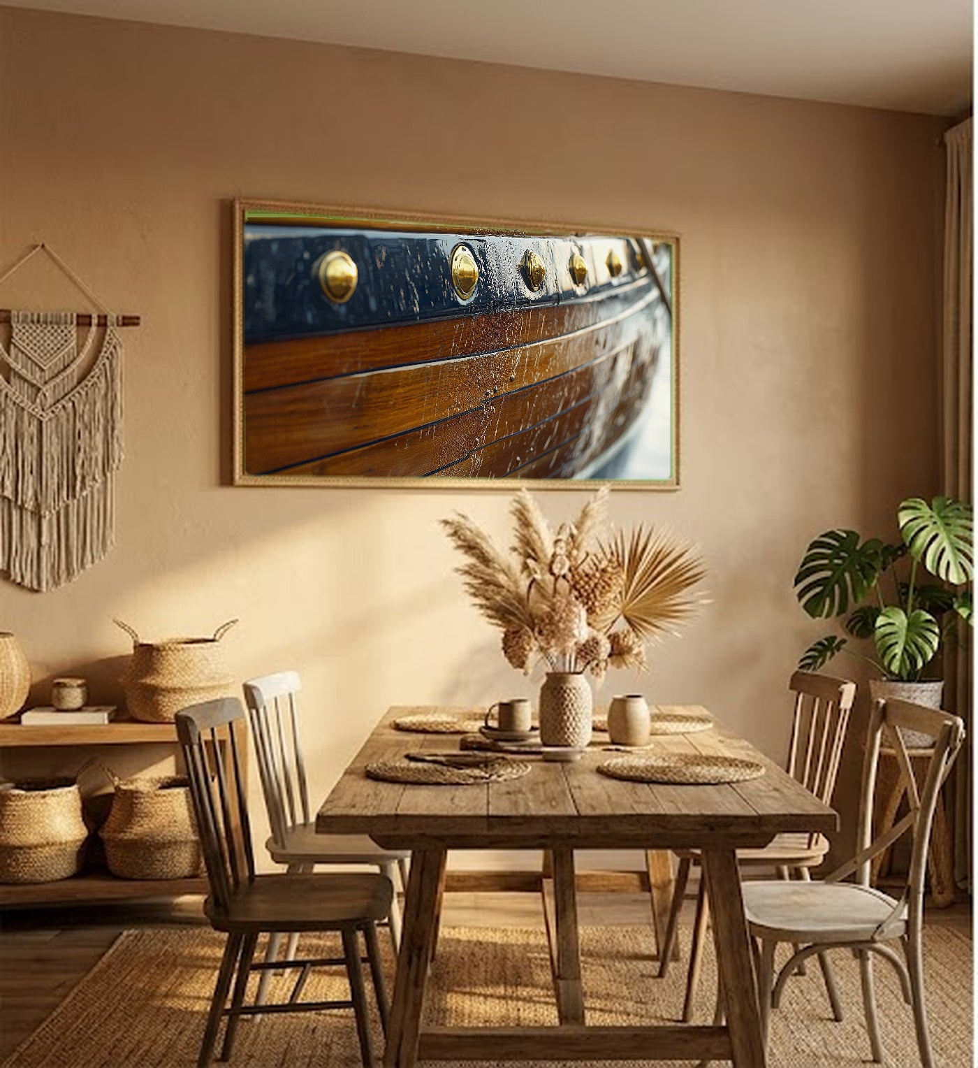 Wooden Sailboat Canvas Wall Art | Hull Detail Oil Print, Coastal Grandma Maritime Decor, Stretched Canvas — wooden-sailboat-hull-study-hallway-wall-art.jpg