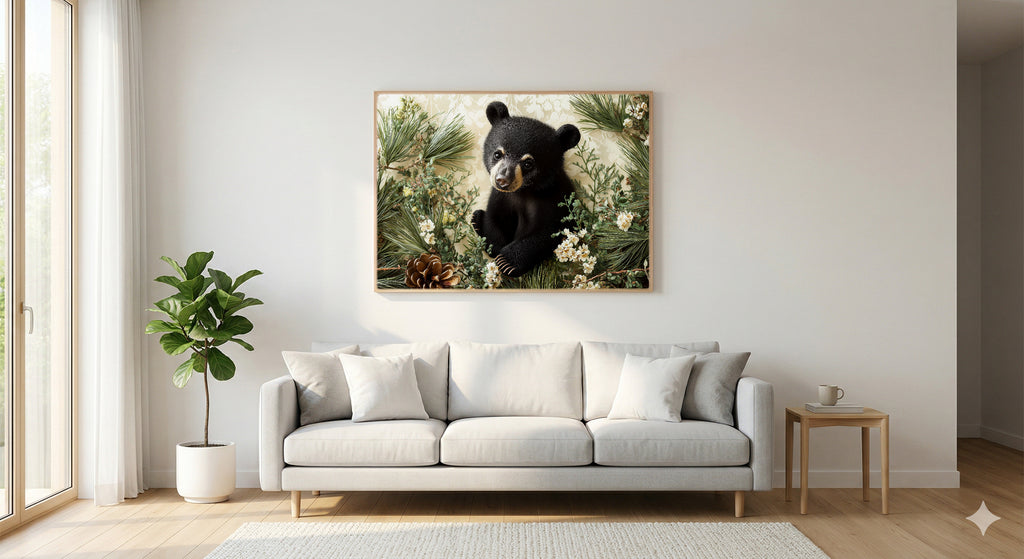 Woodland Bear Canvas Wall Art | Nursery Storybook Print, Kids Room Decor, Stretched Canvas — woodland-nursery-bear-living-room-wall-art.jpg