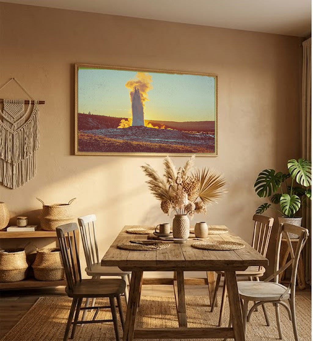 Yellowstone Canvas Wall Art | Retro National Park Travel Poster Print, 70s Earth Tone Decor, Stretched Canvas — yellowstone-retro-travel-poster-hallway-wall-art.jpg