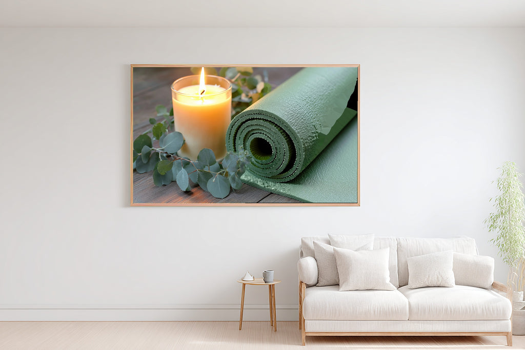 Yoga Mat Candle Still Life Print on Stretched Canvas — Warm Cozy Studio for the Living Room, Gift for the Art Lover in Your Life — yoga-mat-candle-still-life-bedroom-wall-art.jpg