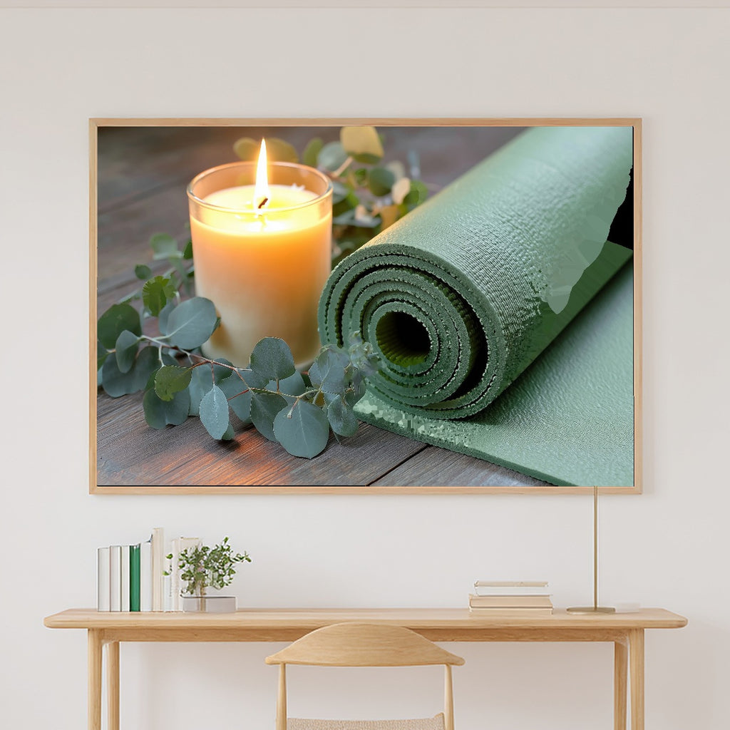 Yoga Mat Candle Still Life Print on Stretched Canvas — Warm Cozy Studio for the Living Room, Gift for the Art Lover in Your Life — yoga-mat-candle-still-life-canvas-print.jpg