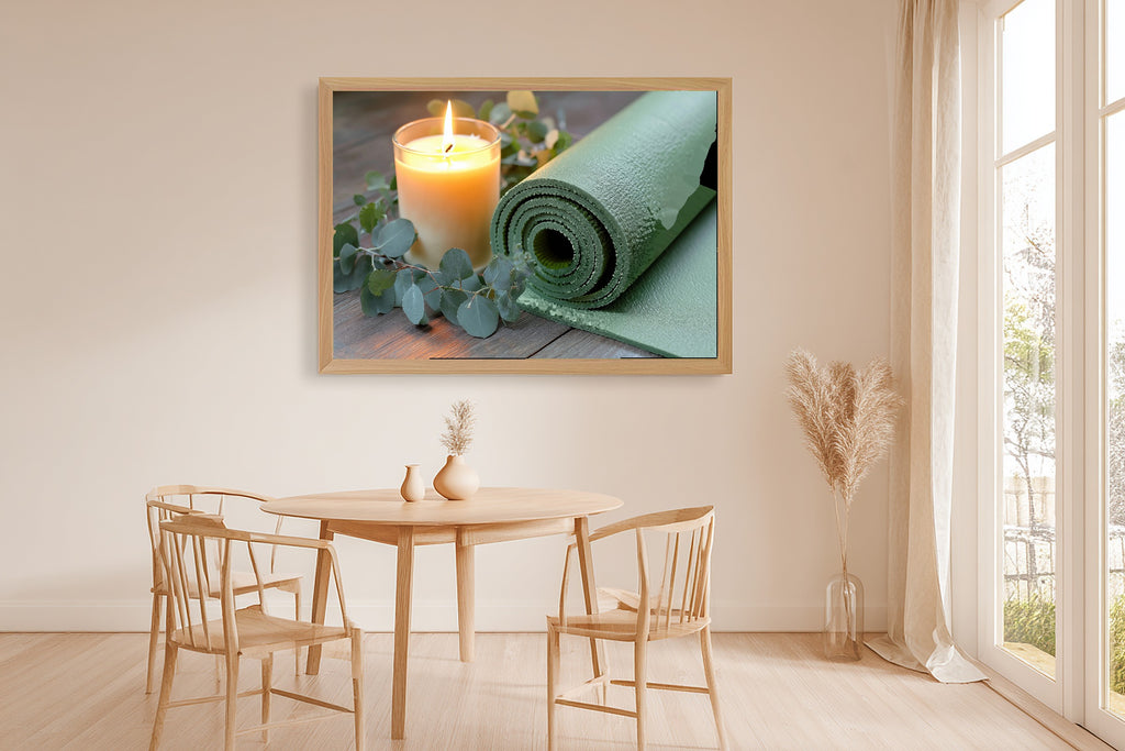Yoga Mat Candle Still Life Print on Stretched Canvas — Warm Cozy Studio for the Living Room, Gift for the Art Lover in Your Life — yoga-mat-candle-still-life-dining-room-wall-art.jpg