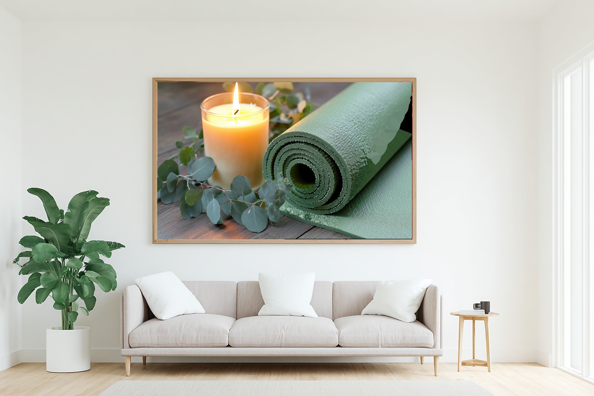 Yoga Mat Candle Still Life Print on Stretched Canvas — Warm Cozy Studio for the Living Room, Gift for the Art Lover in Your Life — yoga-mat-candle-still-life-living-room-wall-art.jpg