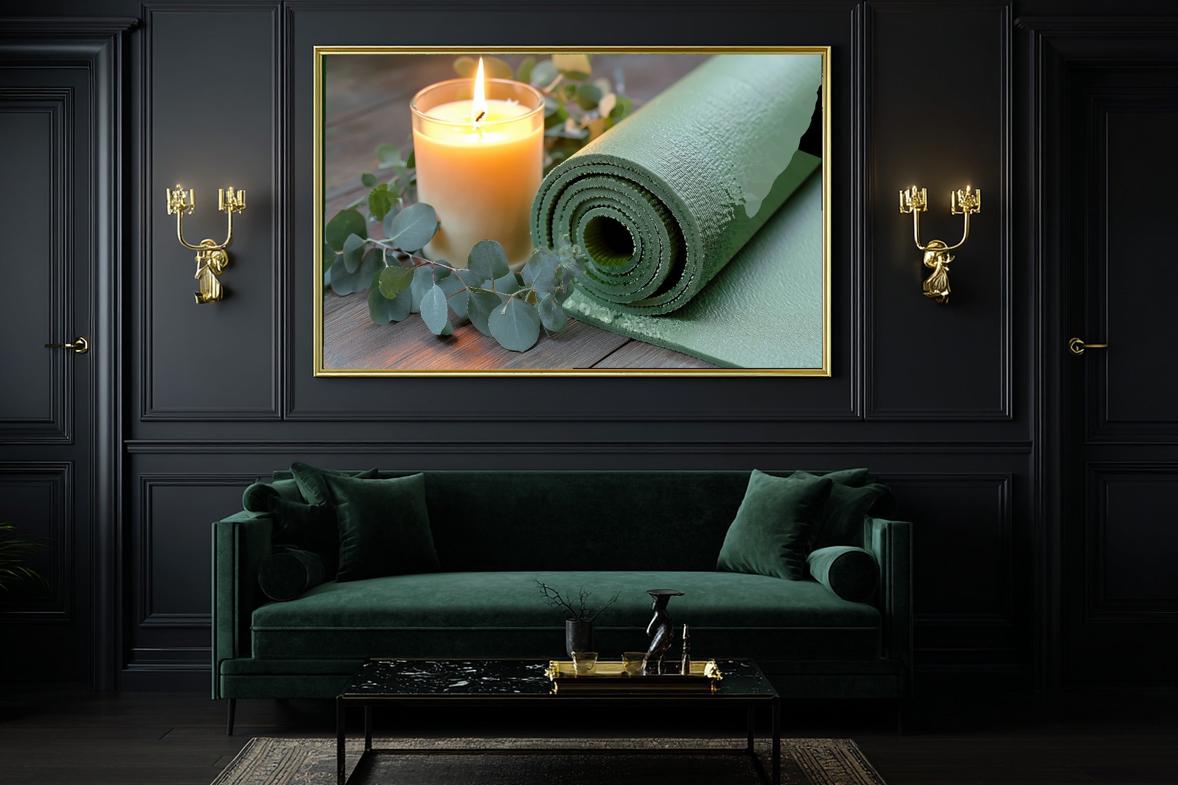 Yoga Mat Candle Still Life Print on Stretched Canvas — Warm Cozy Studio for the Living Room, Gift for the Art Lover in Your Life — yoga-mat-candle-still-life-office-wall-art.jpg