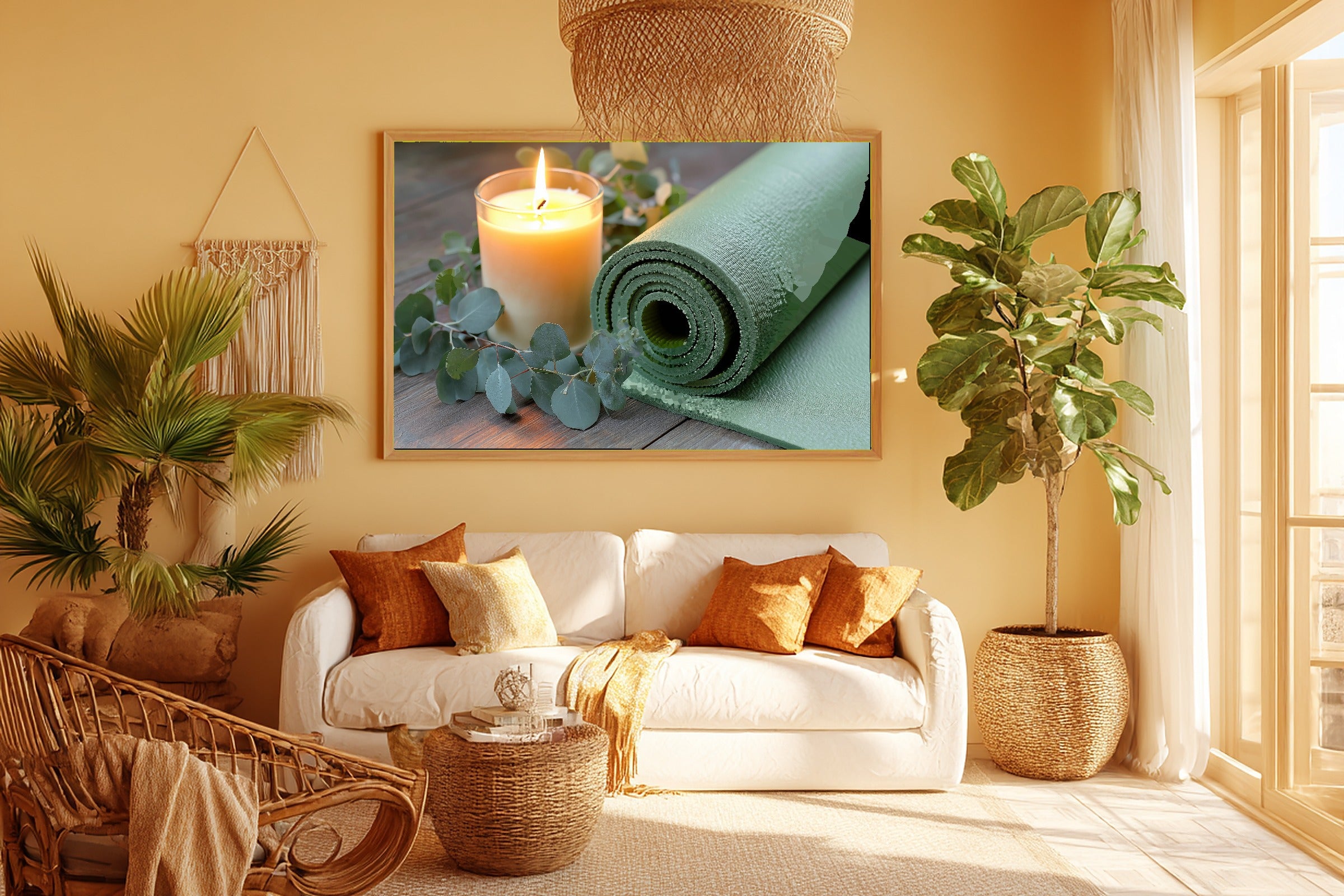 Yoga Mat Candle Still Life Print on Stretched Canvas — Warm Cozy Studio for the Living Room, Gift for the Art Lover in Your Life — yoga-mat-candle-still-life-room-5-wall-art.jpg