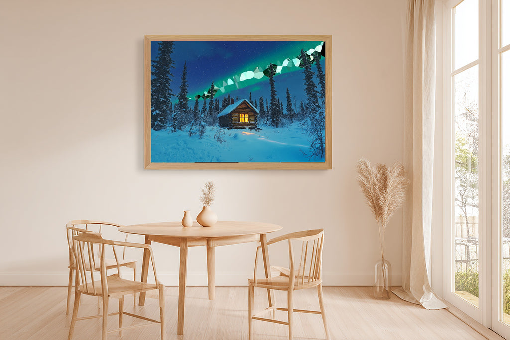 Moody Midnight Yukon Cabin Aurora — Soft Nordic Wall Art, Warm Bedroom Decor, Stretched Canvas, Ready to Hang — yukon-cabin-aurora-dining-room-wall-art.jpg