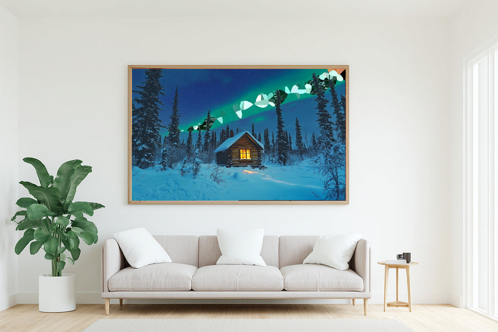 Moody Midnight Yukon Cabin Aurora — Soft Nordic Wall Art, Warm Bedroom Decor, Stretched Canvas, Ready to Hang — yukon-cabin-aurora-living-room-wall-art.jpg