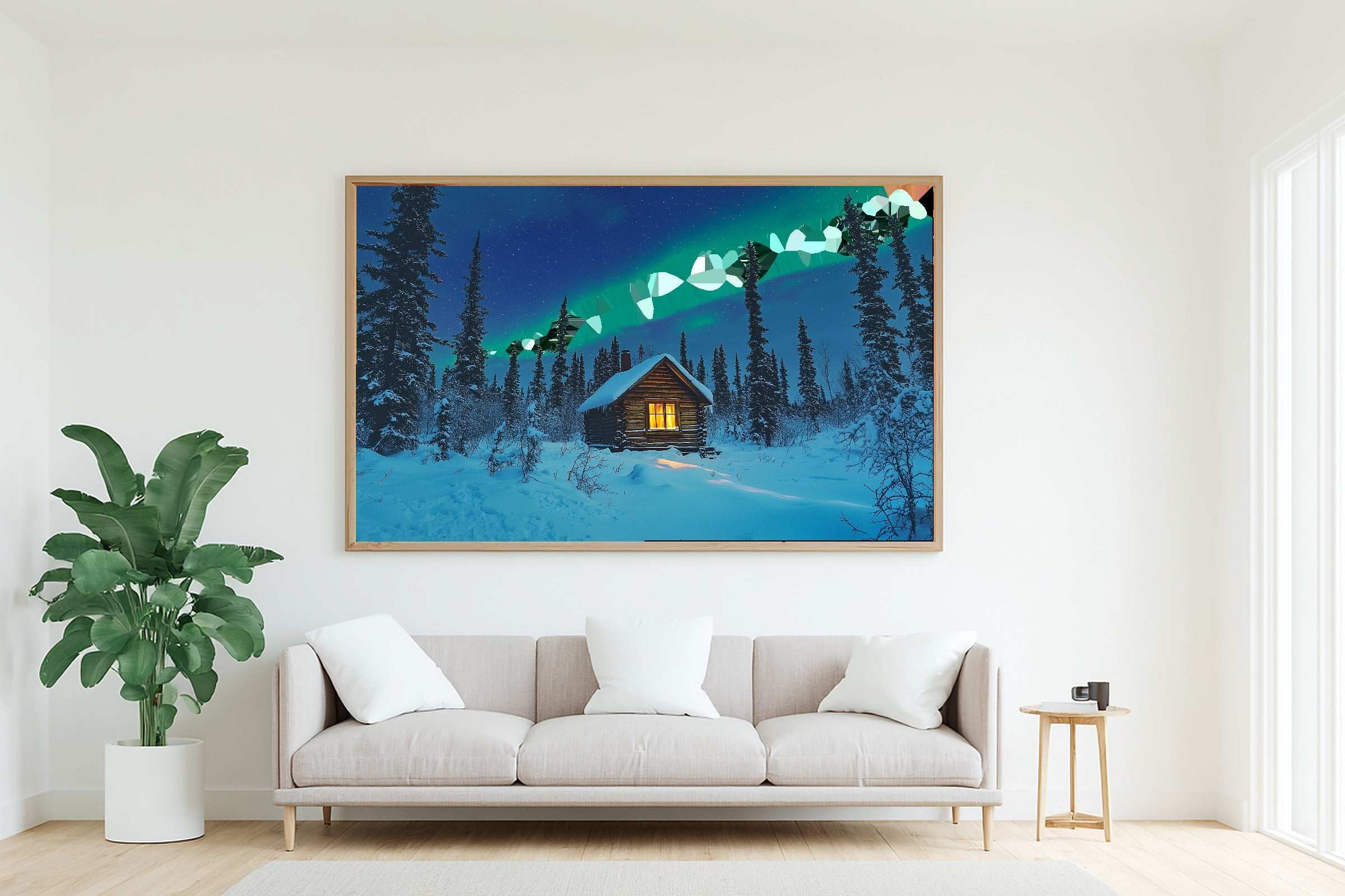 Moody Midnight Yukon Cabin Aurora — Soft Nordic Wall Art, Warm Bedroom Decor, Stretched Canvas, Ready to Hang — yukon-cabin-aurora-living-room-wall-art.jpg