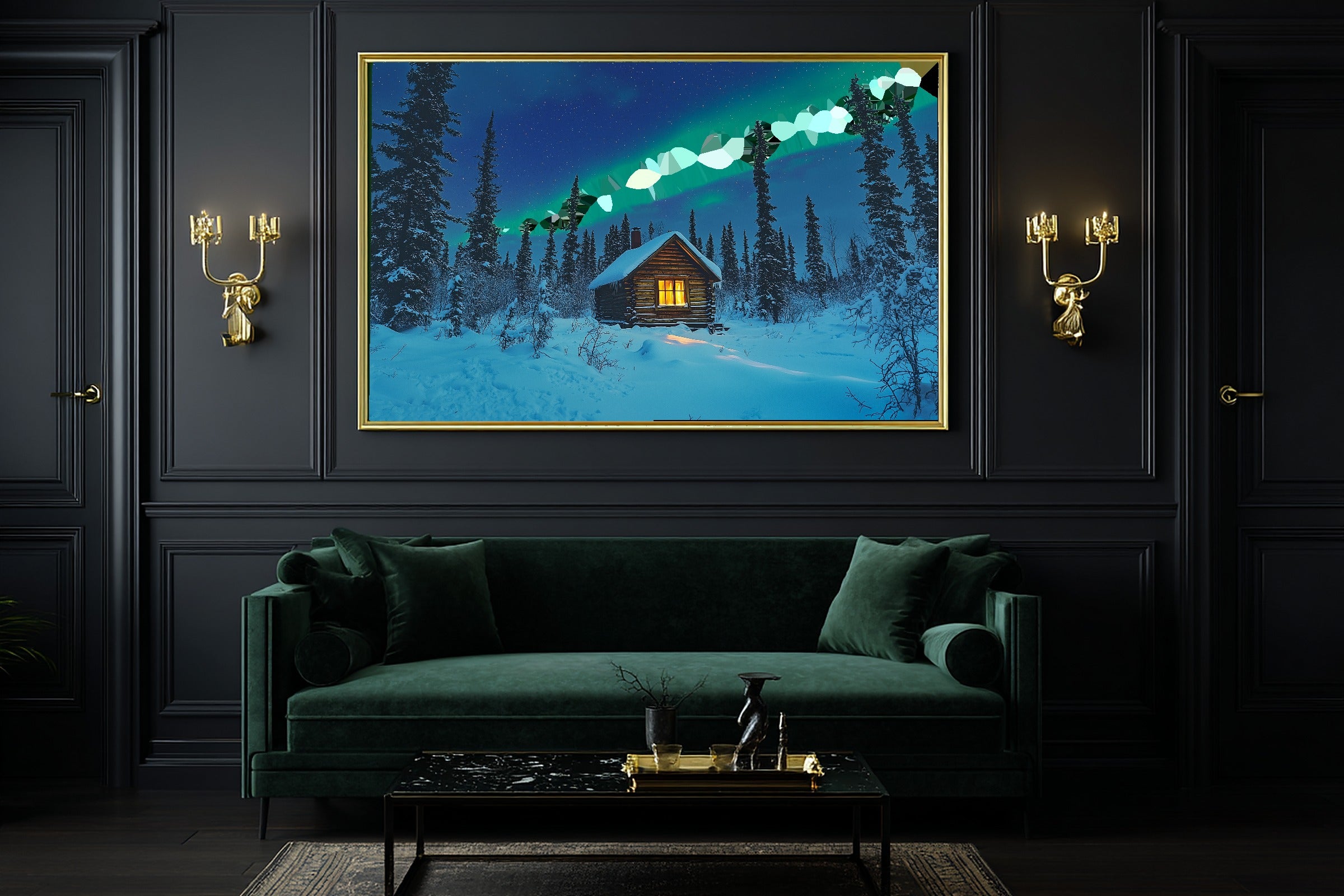 Moody Midnight Yukon Cabin Aurora — Soft Nordic Wall Art, Warm Bedroom Decor, Stretched Canvas, Ready to Hang — yukon-cabin-aurora-office-wall-art.jpg