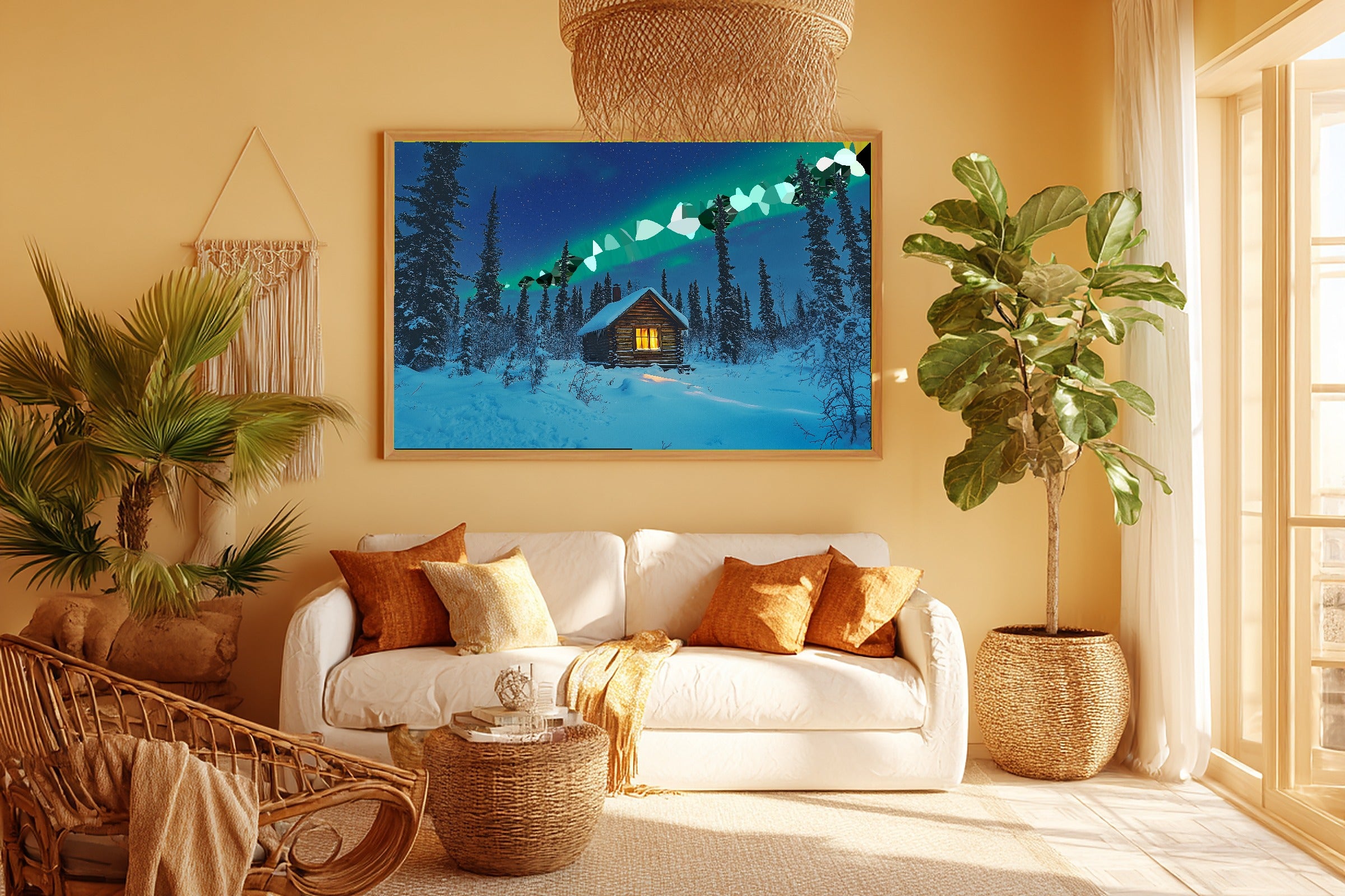 Moody Midnight Yukon Cabin Aurora — Soft Nordic Wall Art, Warm Bedroom Decor, Stretched Canvas, Ready to Hang — yukon-cabin-aurora-room-5-wall-art.jpg