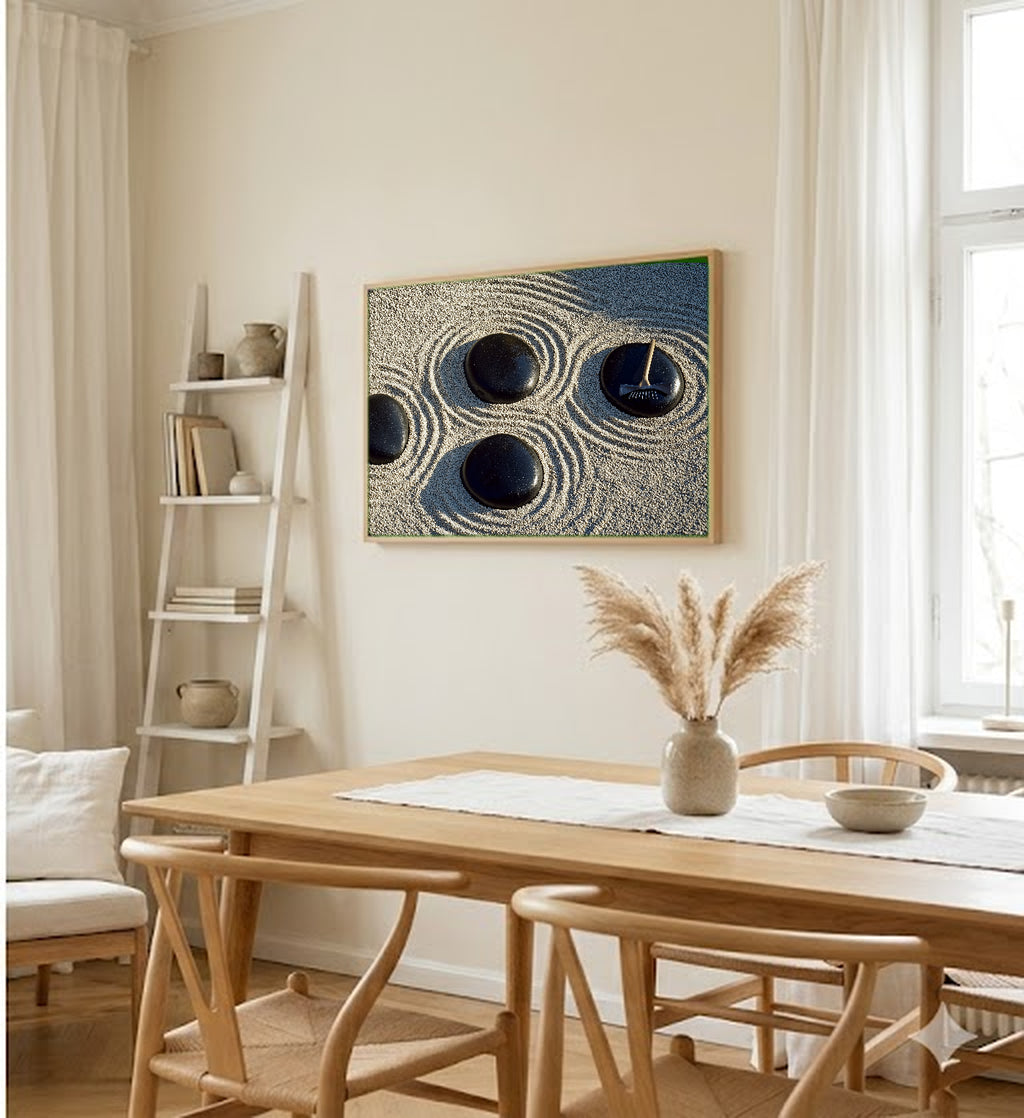 Zen Garden Canvas Wall Art | Rake Pattern Print, Japandi Meditation Decor, Stretched Canvas — zen-garden-rake-pattern-dining-room-wall-art.jpg