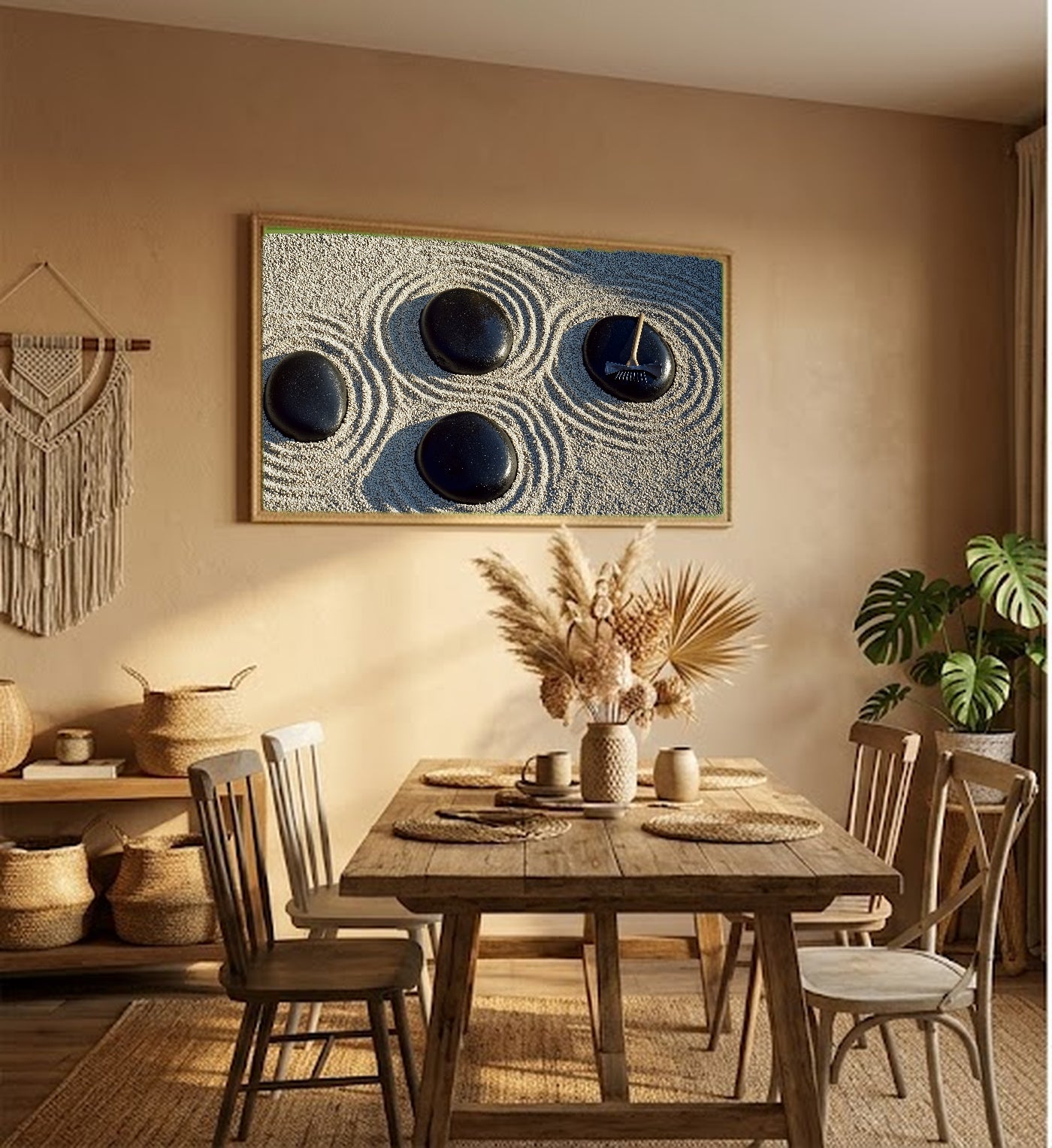 Zen Garden Canvas Wall Art | Rake Pattern Print, Japandi Meditation Decor, Stretched Canvas — zen-garden-rake-pattern-hallway-wall-art.jpg