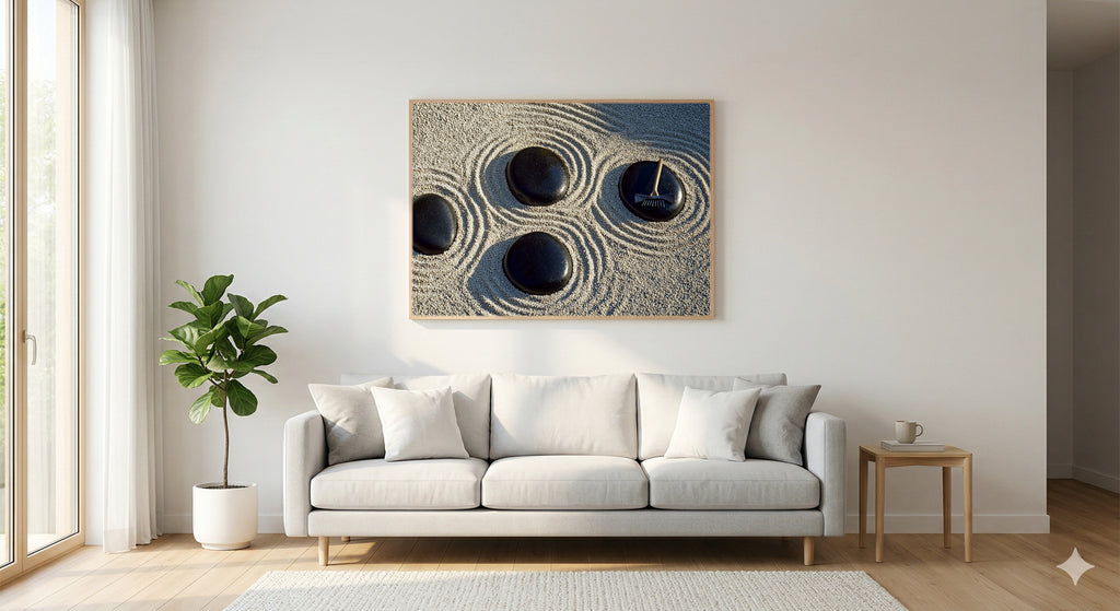 Zen Garden Canvas Wall Art | Rake Pattern Print, Japandi Meditation Decor, Stretched Canvas — zen-garden-rake-pattern-living-room-wall-art.jpg