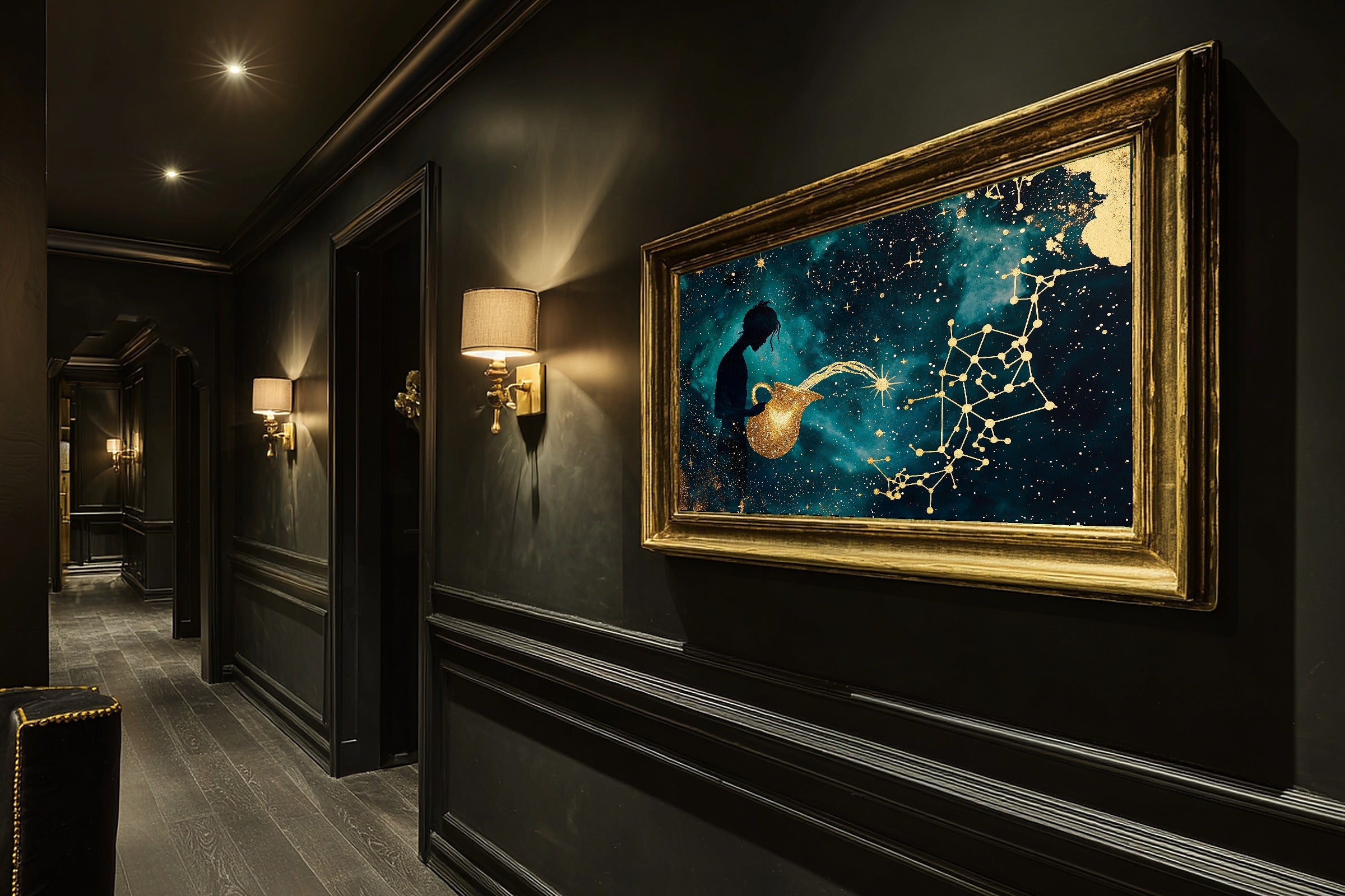 A Dreamy Zodiac Aquarius Celestial Cosmic Midnight Print — Stunning Wall Art for the Bedroom, Giclée on Canvas — zodiac-aquarius-celestial-hallway-wall-art.jpg