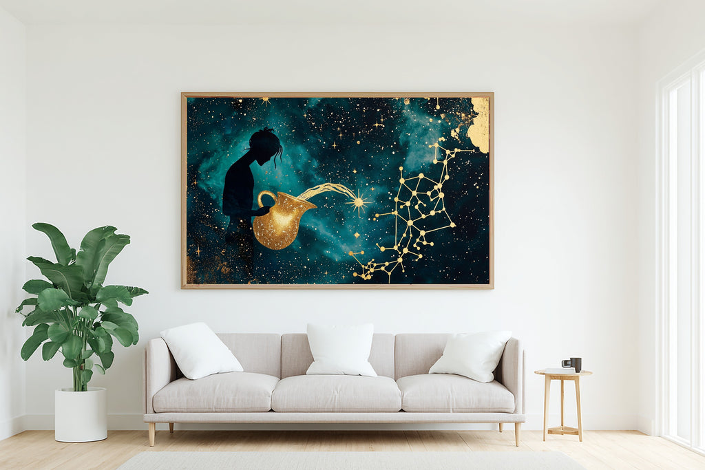 A Dreamy Zodiac Aquarius Celestial Cosmic Midnight Print — Stunning Wall Art for the Bedroom, Giclée on Canvas — zodiac-aquarius-celestial-living-room-wall-art.jpg