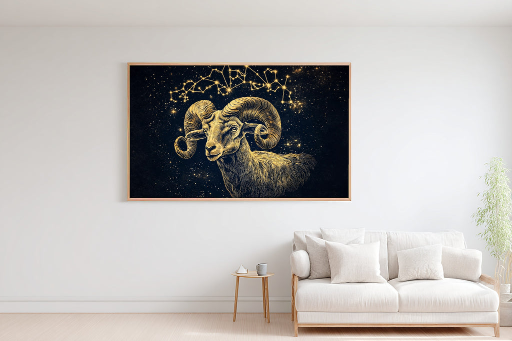 Zodiac Aries Celestial Cosmic Midnight Wall Art — Dreamy Print for the Bedroom, Stretched Canvas Gift for the Stargazer in Your Life — zodiac-aries-celestial-bedroom-wall-art.jpg