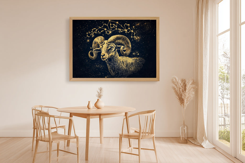 Zodiac Aries Celestial Cosmic Midnight Wall Art — Dreamy Print for the Bedroom, Stretched Canvas Gift for the Stargazer in Your Life — zodiac-aries-celestial-dining-room-wall-art.jpg