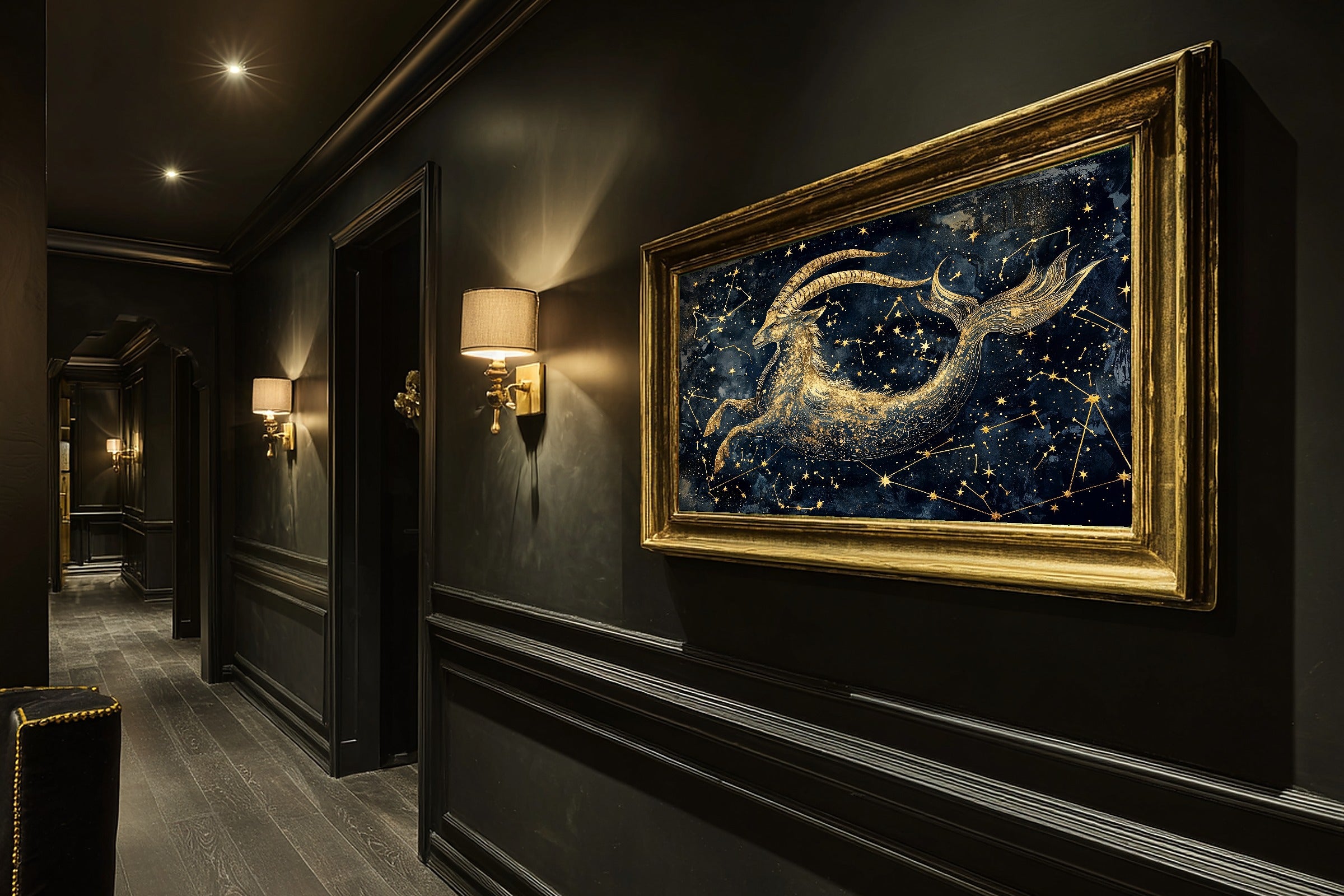 Zodiac Capricorn Celestial Print on Stretched Canvas — Warm Dreamy Galaxy for the Bedroom, Gift for the Stargazer in Your Life — zodiac-capricorn-celestial-hallway-wall-art.jpg
