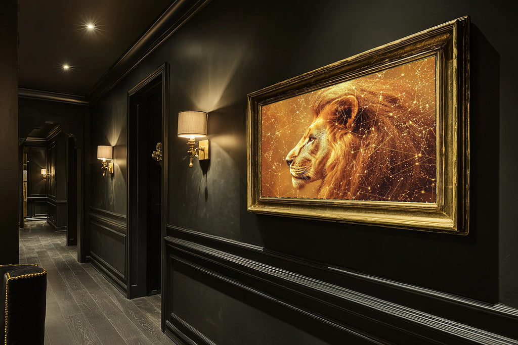 Warm Zodiac Leo Celestial — Cosmic Midnight Wall Art, Warm Bedroom Decor, Stretched Canvas, Ready to Hang — zodiac-leo-celestial-hallway-wall-art.jpg